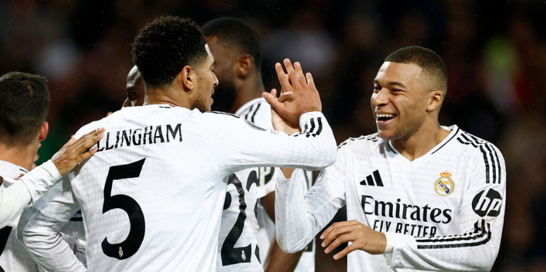 Real Madrid vs Manchester City Mbappé and Bellingham celebrate together in Champions League