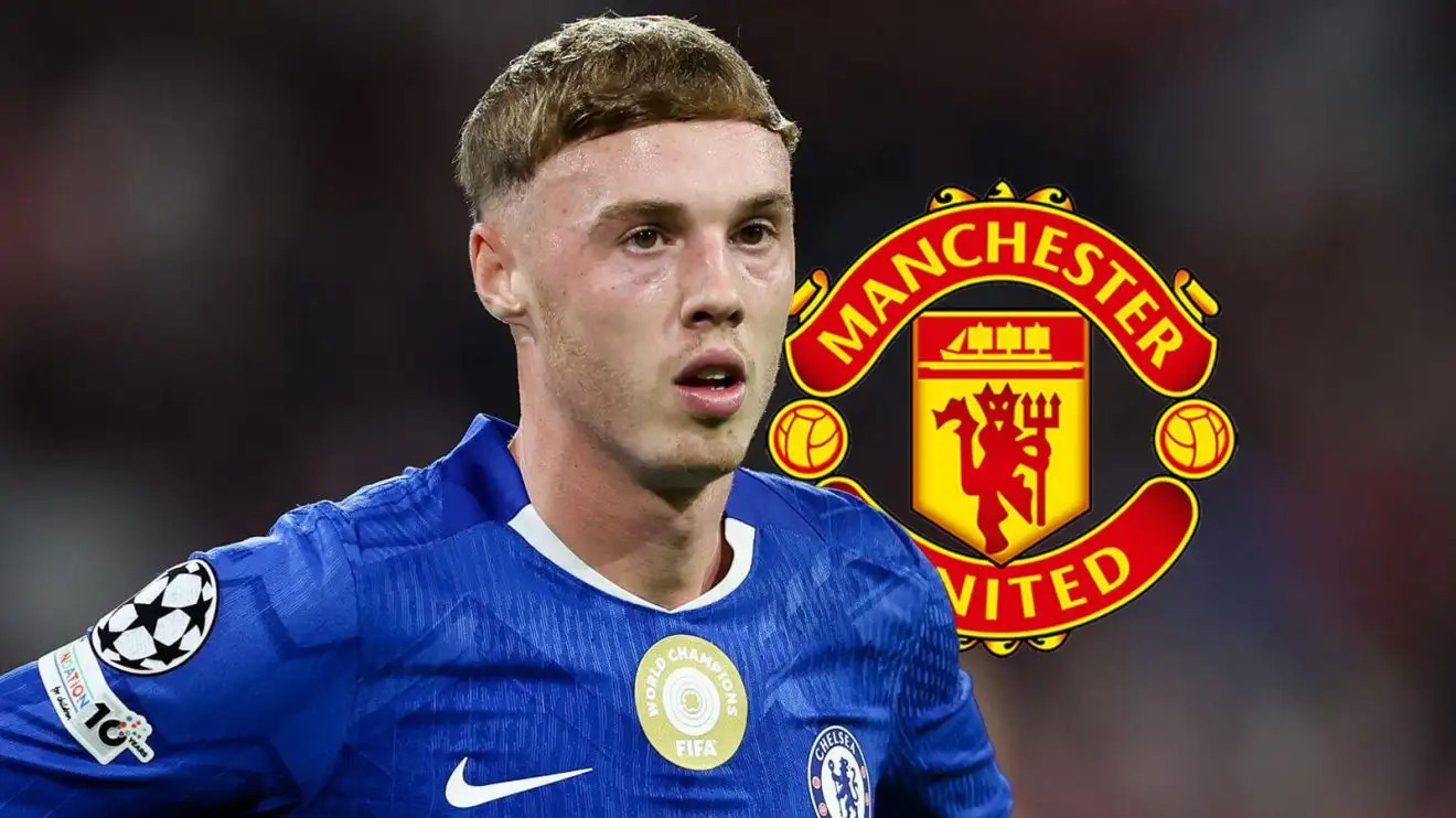 A split graphic showing Cole Palmer in a Chelsea jersey next to a large Manchester United crest.