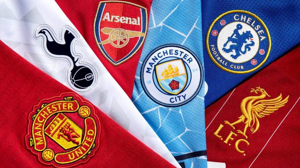 The logos of the Premier League "Big Six" clubs including Arsenal, Man City, and Man Utd.
