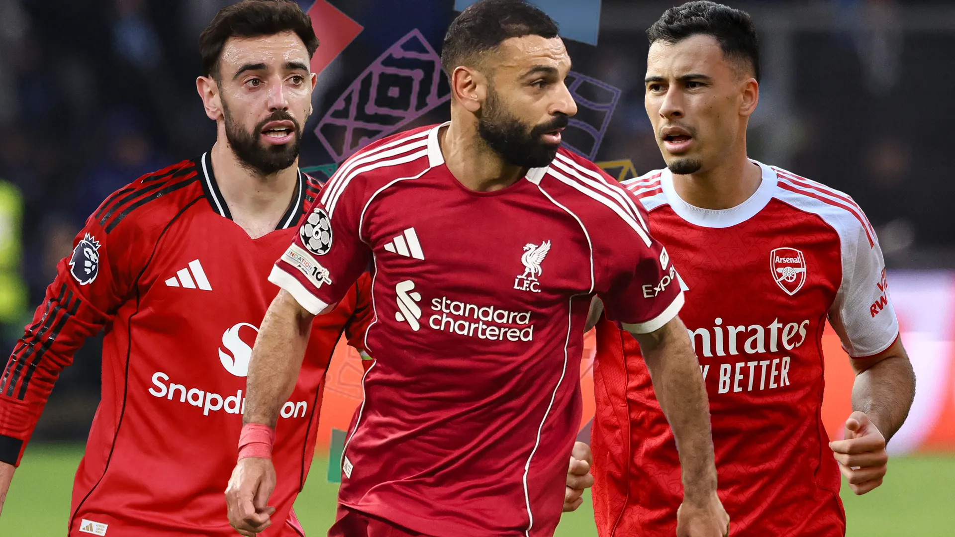 Collage of Saudi Pro League transfer targets including Bruno Fernandes, Mohamed Salah, and Gabriel Martinelli.