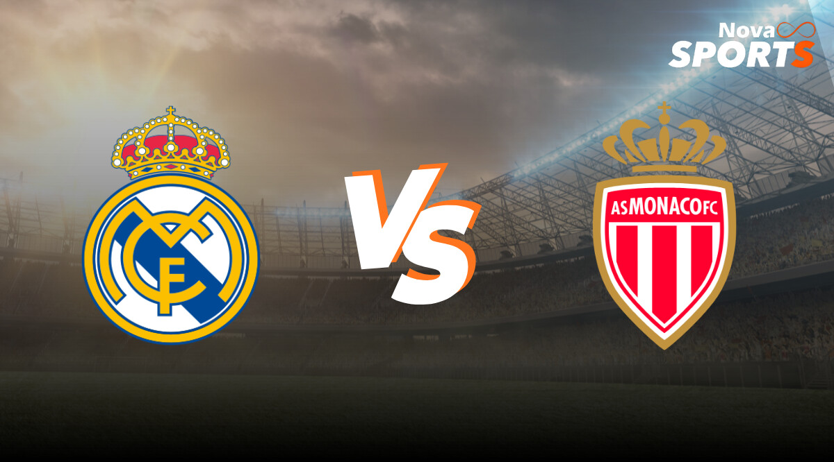 Match preview graphic for Real Madrid vs Monaco in the Champions League.