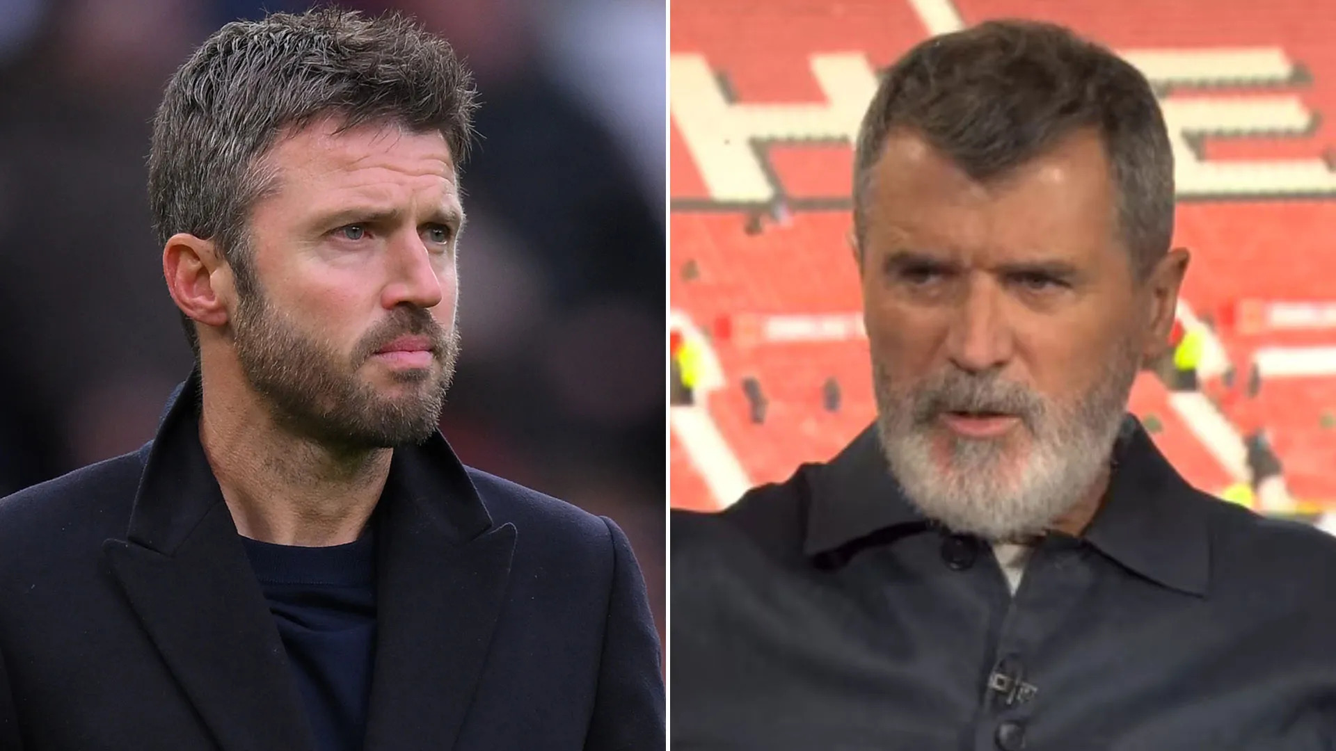 Split graphic of Michael Carrick looking serious and Roy Keane speaking on Sky Sports.