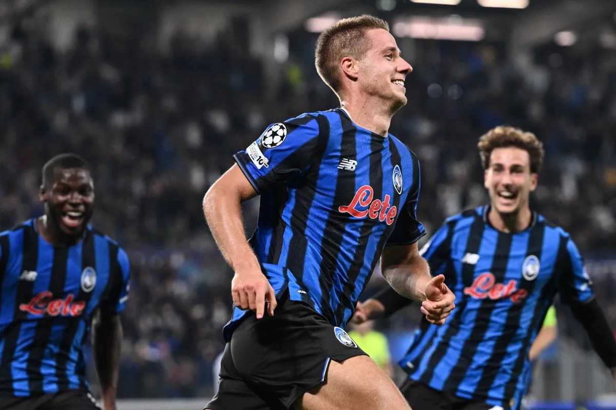 Champions League playoffs 2026 action as Mario Pasalic celebrates for Atalanta against Dortmund.