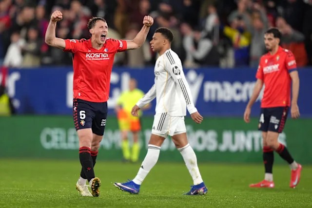 Real Madrid title race takes a hit as Osasuna celebrates while Kylian Mbappe looks dejected.