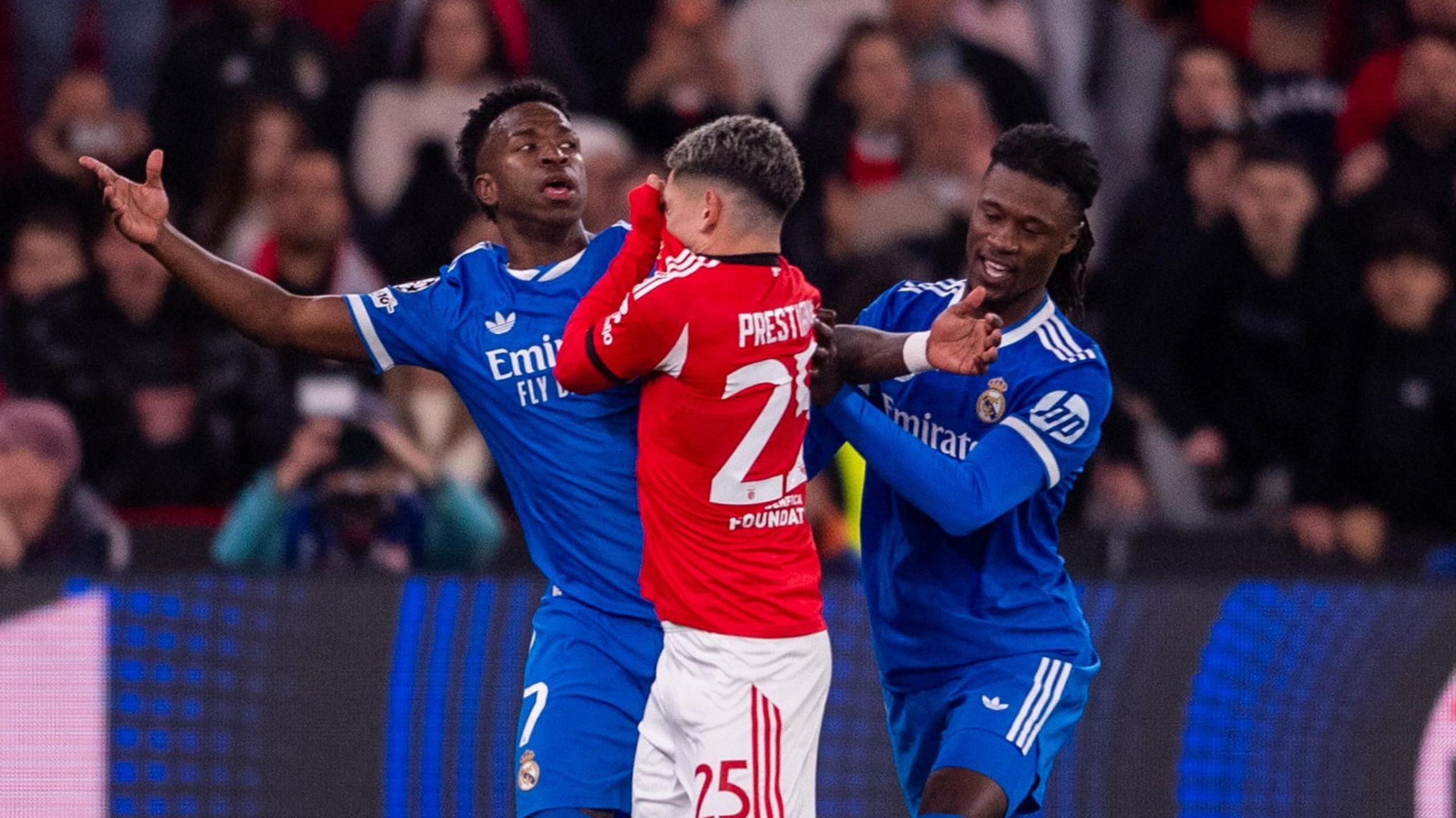 Vinicius Junior is held back by Eduardo Camavinga while shouting at Gianluca Prestianni during the Vinicius Junior racism scandal.
