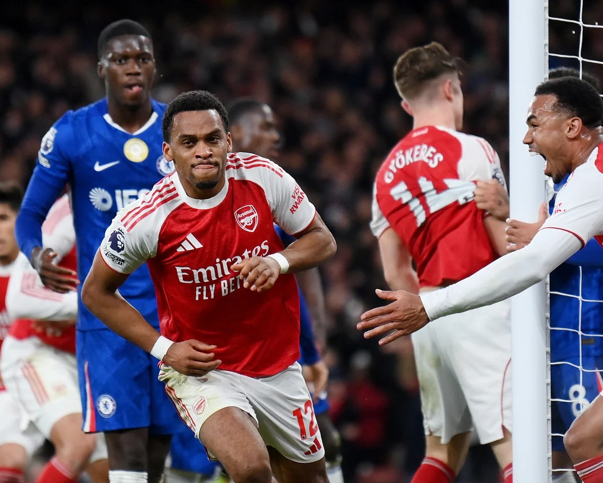 Jurrien Timber celebrates the goal that proved Arsenal set piece dominance over Chelsea.