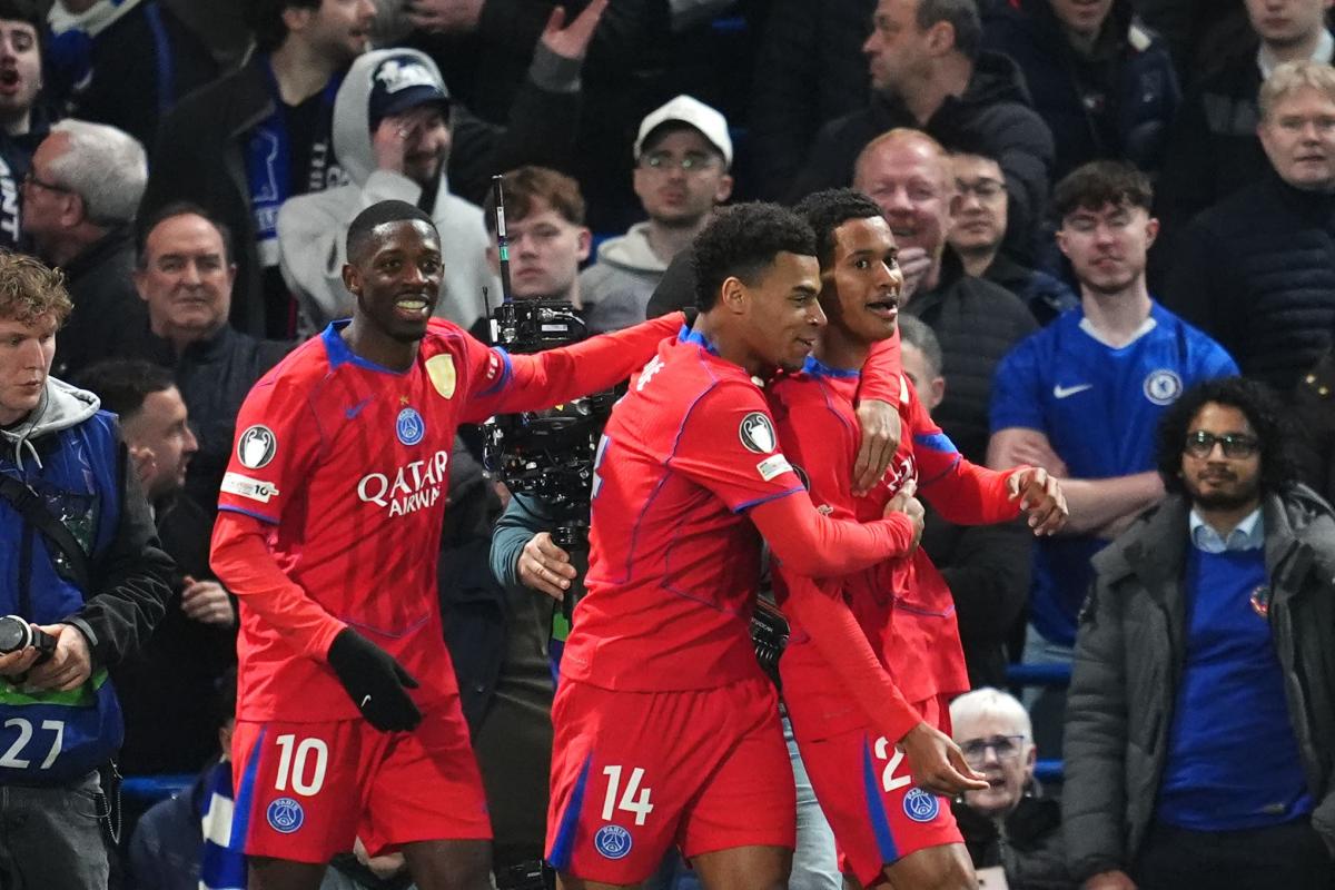 Chelsea Champions League exit sealed as PSG attackers celebrate their goal.